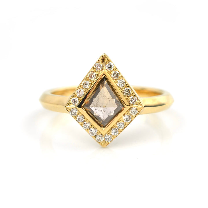 Champagne Halo Kite Engagement Ring in Yellow Gold by Emma Brooke Jewelry. Front view of alternative engagement ring with rose cut champagne diamond.