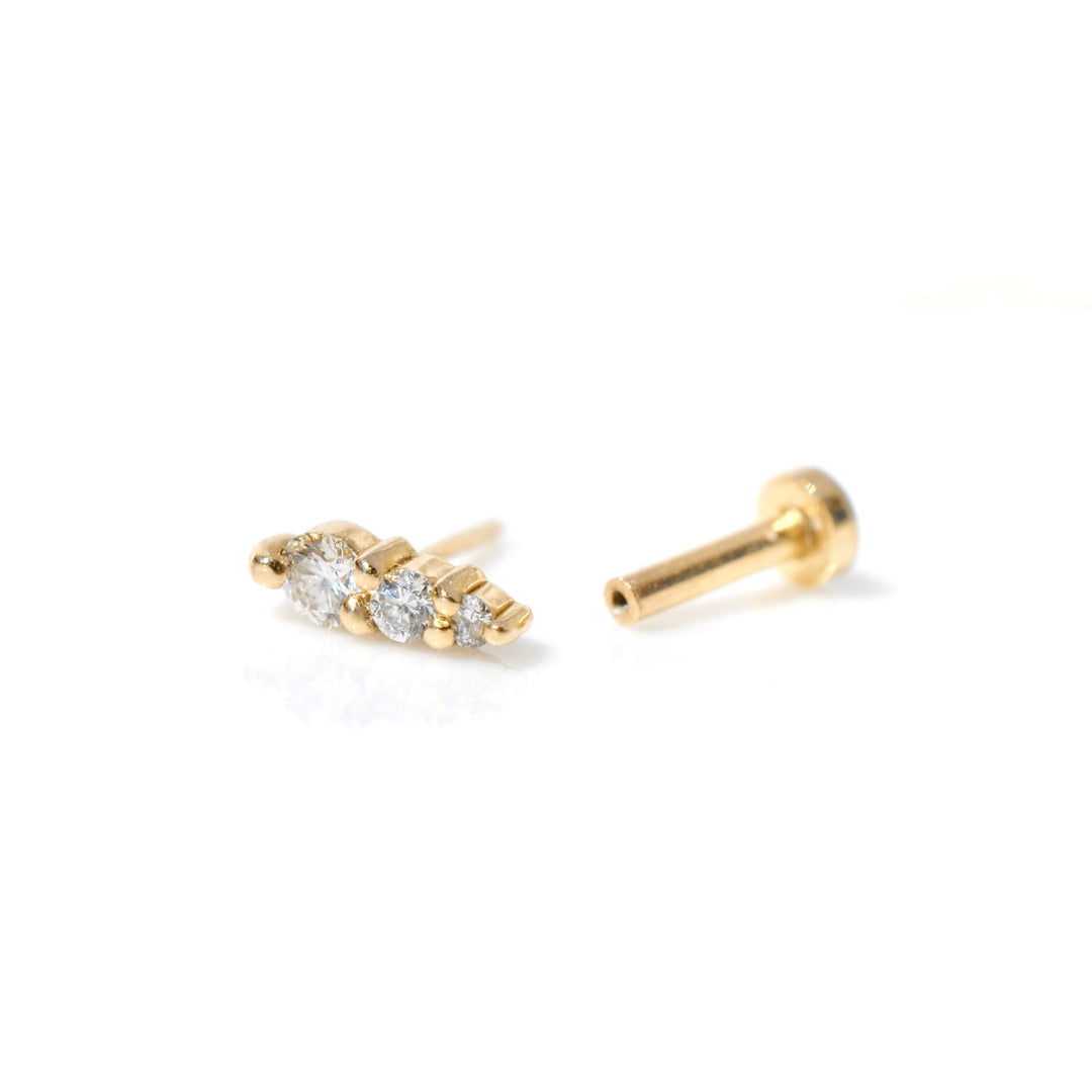flat back push pin diamond stud earring for cartilage piercings. made with recycled 14k gold and white diamonds